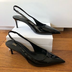 Zara Black Patent Sling-back Kitten Heels. Size 37/ US 6.5
